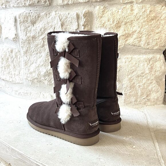Koolaburra Victoria Tall Boot Moccasins Dark Brown Bows Faux Fur Sz 7 - Picture 1 of 11